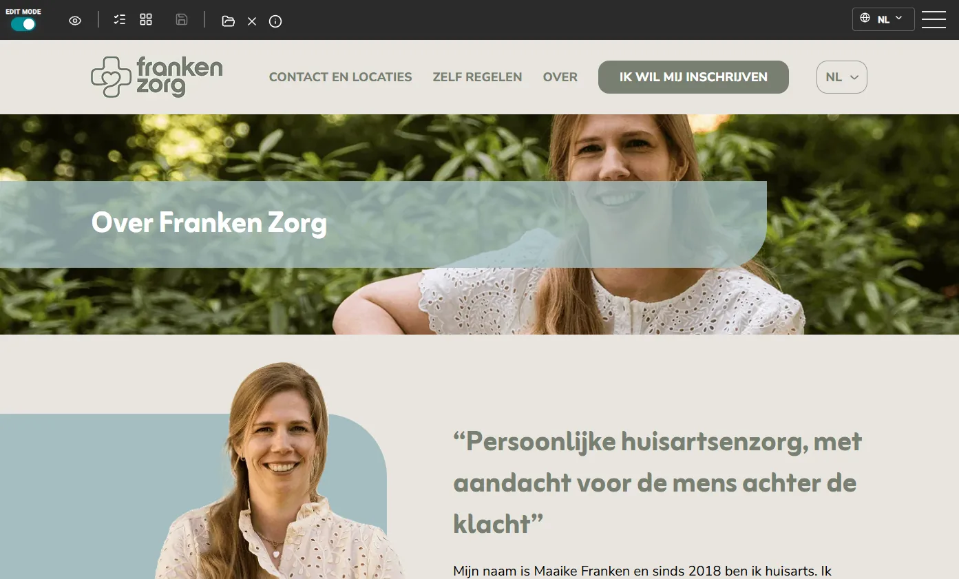 Website met de Exolog-bewerkmodus ingeschakeld; de werkbalk staat boven de echte pagina.
