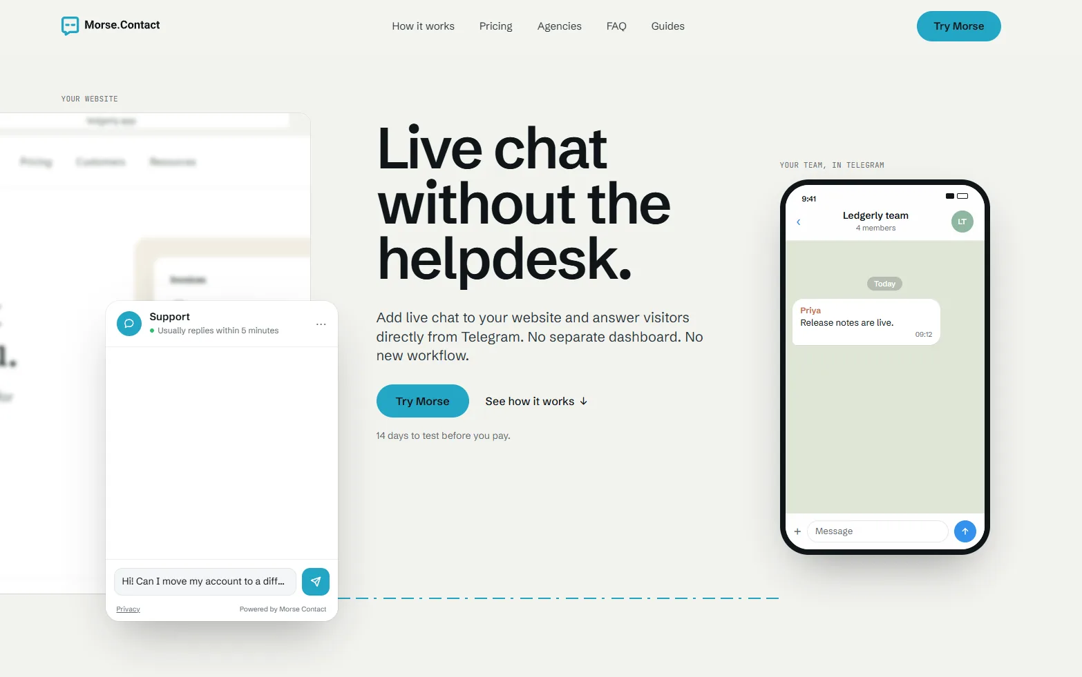 Morse.Contact: Live chat voor websites, beantwoord vanuit Telegram.